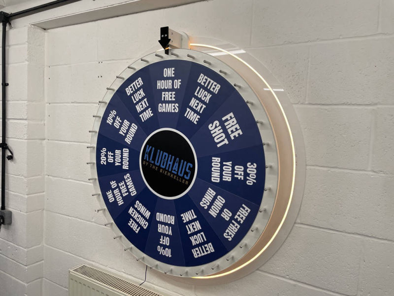 Wall mounted prize wheel game for bars and clubs