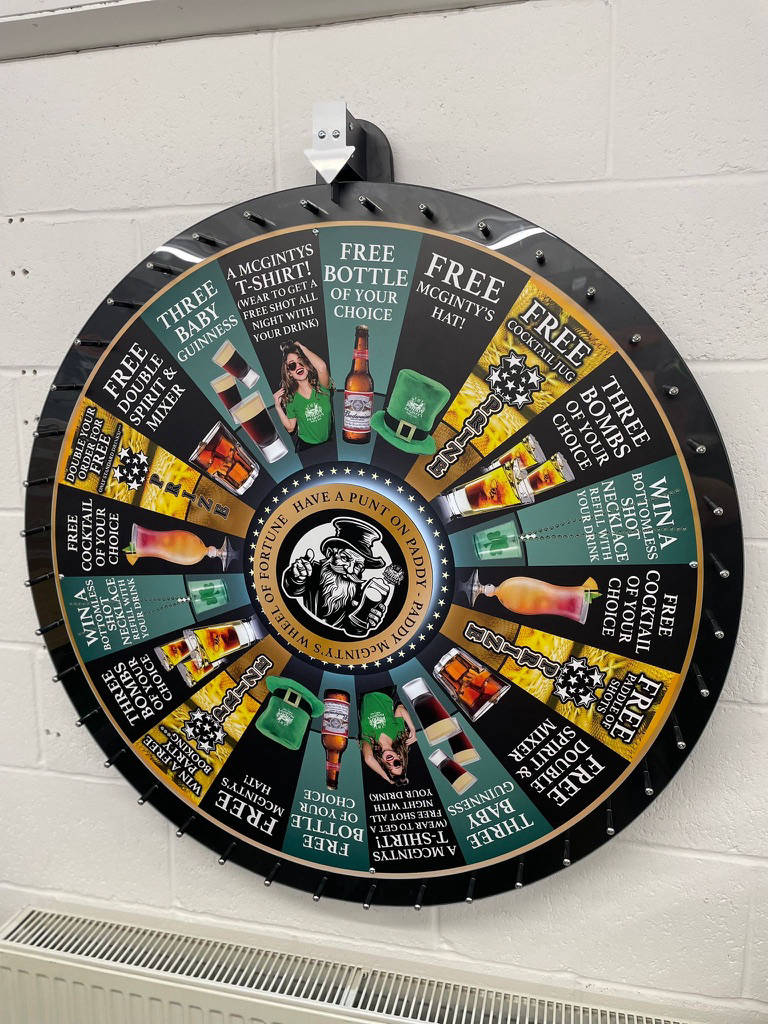 Wall mounted pub spinning wheel of fortune
